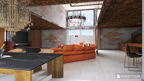 Modern living room with a large orange sectional sofa and a stylish chandelier, featuring a contemporary design style; ideal for interior decor enthusiasts exploring Homestyler's real-time 3D rendering feature for quick design previews.