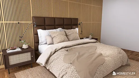 Cozy bedroom featuring a plush bed with decorative pillows and a stylish headboard, designed in a modern minimalist style, showcasing the use of Homestyler's 3D rendering for interior decor.