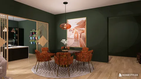 A cozy dining area featuring a round table surrounded by plush, patterned chairs, decorated with an elegant pendant light. The green walls create a rich backdrop, emphasized by warm wood flooring, showcasing a modern interior design using Homestyler's real-time 3D rendering technology.