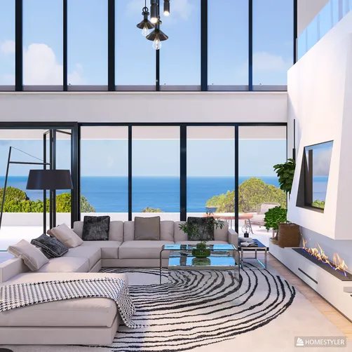 Modern living room with panoramic ocean view featuring cozy sectional sofa and glass coffee table, showcasing an open layout design optimized with Homestyler's real-time 3D rendering feature.