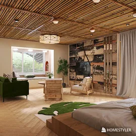 cozy living room featuring wooden ceiling beams and natural decor, showcasing a rustic style, ideal for enhancing interior ambiance, with Homestyler's real-time 3D rendering capability.