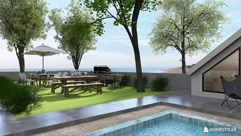 outdoor dining area with picnic tables and barbecue grill in a lush garden design featuring modern landscaping and a swimming pool, showcasing Homestyler's real-time 3D rendering feature.