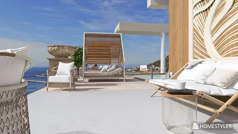 outdoor terrace seating arrangement with modern lounge chairs and sunbeds in a coastal style creating a beautiful relaxation space showcasing Homestyler's real-time 3D rendering feature.