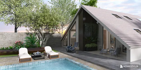 outdoor pool area with modern seating design showcasing a contemporary style and integrated Homestyler 3D rendering feature