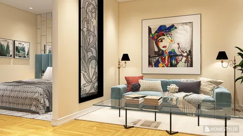 modern living room featuring a stylish sofa and decorative artwork, designed using Homestyler's real-time 3D rendering for an interior decor visualization.