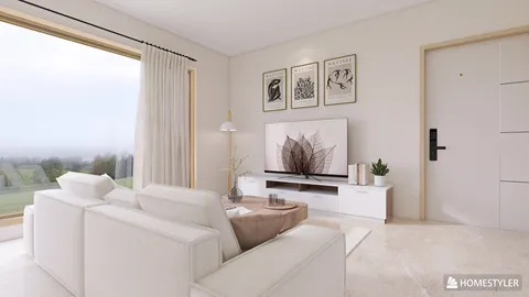 Modern living room design featuring a cozy sofa arrangement, showcasing a minimalist style and enhancing comfort for relaxation, utilizing Homestyler's real-time 3D rendering feature.