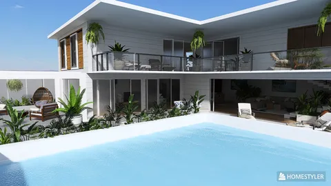 modern villa exterior with swimming pool and lush greenery showcasing 3D rendering for a luxurious outdoor living space using Homestyler's real-time 3D rendering feature