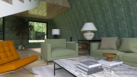 Modern living room with green walls featuring cozy furniture arrangement and stylish decor, showcasing interior design using Homestyler's real-time 3D rendering feature for visualizing space effectively.