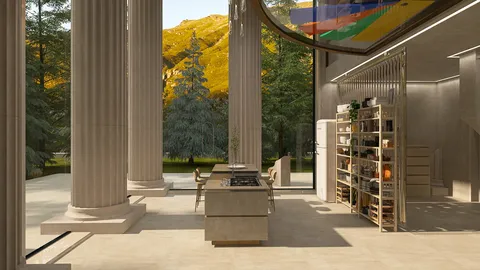 Modern kitchen design featuring a central island and open shelving, showcasing a contemporary industrial style in a spacious layout, optimized using Homestyler's real-time 3D rendering for effective space planning.