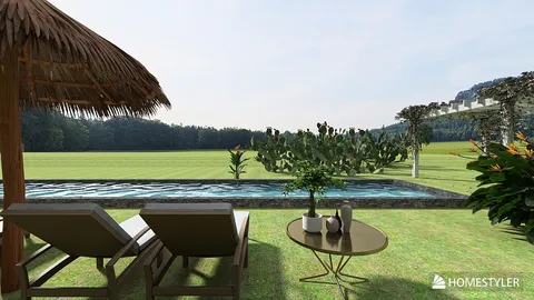 outdoor lounge area featuring sun loungers and a coffee table by a pool with a scenic view, showcasing a modern tropical style, highlighting Homestyler's real-time 3D rendering capabilities.