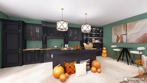 modern kitchen featuring a dark cabinetry design with intelligent furniture arrangement, creating an inviting autumn atmosphere with decorative pumpkins, enhanced by Homestyler's real-time 3D rendering functionality.