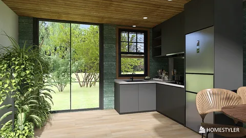 modern kitchen design featuring sleek cabinetry and large windows showcasing a garden view, showcasing interior decor with greenery and natural light, utilizing Homestyler's real-time 3D rendering for an effective design proposal.