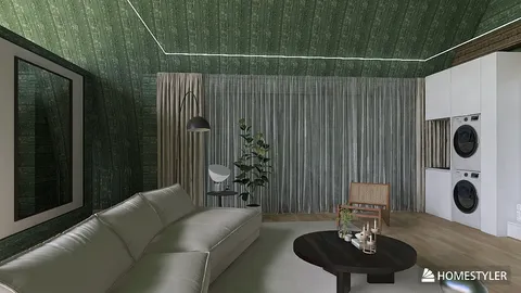 modern living room design showcasing a cozy sofa and stylish decor with a green patterned ceiling, optimized using Homestyler's real-time 3D rendering feature for an immersive interior design experience.