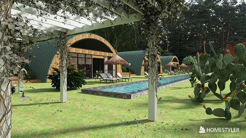 outdoor landscape featuring a swimming pool and lounge chairs in a natural setting with lush greenery and cacti, showcasing modern eco-friendly architectural design for home spaces, utilizing Homestyler's real-time 3D rendering capabilities.