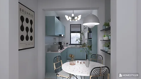 Modern kitchen design featuring a cozy dining area with a round table and stylish chairs, designed using Homestyler's real-time 3D rendering for an accurate layout visualization.