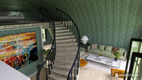 spiral staircase design showcasing modern interior with green patterned wallpaper and a cozy living area, featuring Homestyler's real-time 3D rendering for effective design proposal.