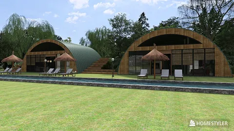 modern eco-friendly bungalow design featuring curved roofs and large windows, showcasing outdoor relaxation space by the pool, utilizing Homestyler's real-time 3D rendering for an immersive visualization experience.
