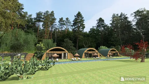 modern eco-friendly cabins nestled in a lush forest setting offering relaxation and tranquility, showcasing sustainable design principles with Homestyler's real-time 3D rendering feature