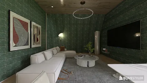 modern sofa arrangement in a stylish green-patterned living room featuring smart furniture placement using Homestyler's real-time 3D rendering functionality