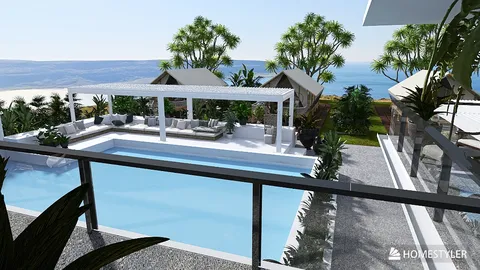 outdoor swimming pool design with modern lounge area and tropical landscaping in a serene coastal setting, featuring Homestyler's real-time 3D rendering for immersive visualization