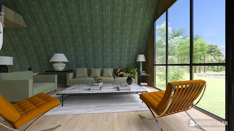 Cozy living room with green patterned wallpaper, arranging furniture in a modern style to enhance space value; featuring Homestyler's real-time 3D rendering for design proposals.