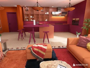 Modern kitchen area with stools, designed in a vibrant color scheme, showcasing an open-concept layout that enhances small space living, featuring real-time 3D rendering capabilities.