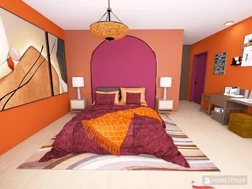 Modern bedroom with a pastel color palette featuring a cozy bed setup, showcasing a fusion of artistic decor and comfortable design elements, optimized for interior decor using Homestyler's real-time 3D rendering feature.