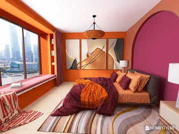 A vibrant bedroom featuring a modern design, showcasing a blend of orange and purple tones with a cozy bedding arrangement, optimized for space utilization using Homestyler's real-time 3D rendering feature.