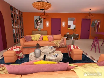 vibrant living room with colorful furniture arrangement showcasing modern bohemian style, featuring interior design ideas with Homestyler's real-time 3D rendering capabilities.