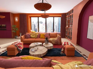 vibrant living room design featuring a cozy sofa arrangement with decorative pillows and stylish lighting fixtures, utilizing Homestyler's 3D rendering feature for interior decoration inspiration.