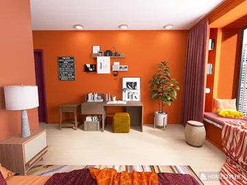 living room featuring a cozy desk setup and a vibrant orange accent wall, designed using Homestyler's 3D rendering functionality to optimize interior decor visualization.