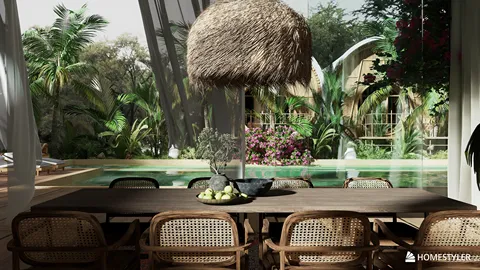 modern dining area with wooden table and wicker chairs overlooking a lush garden and pool, showcasing tropical style interior decor, created using Homestyler's real-time 3D rendering feature.