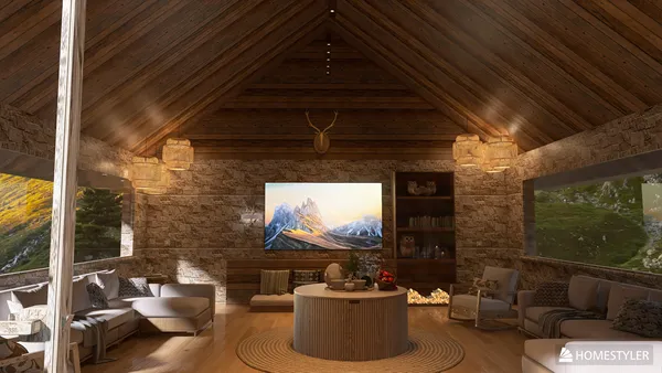 cozy living room with a stone fireplace and wooden beams showcasing rustic design; featuring interior decor for mountain cabins; utilizing Homestyler's real-time 3D rendering for design preview.